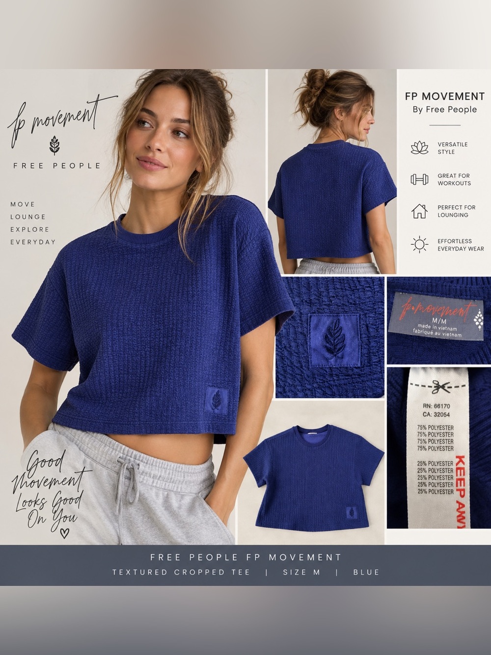 Free People FP Movement Textured Cropped Tee Blue Women’s Medium M Athletic Top